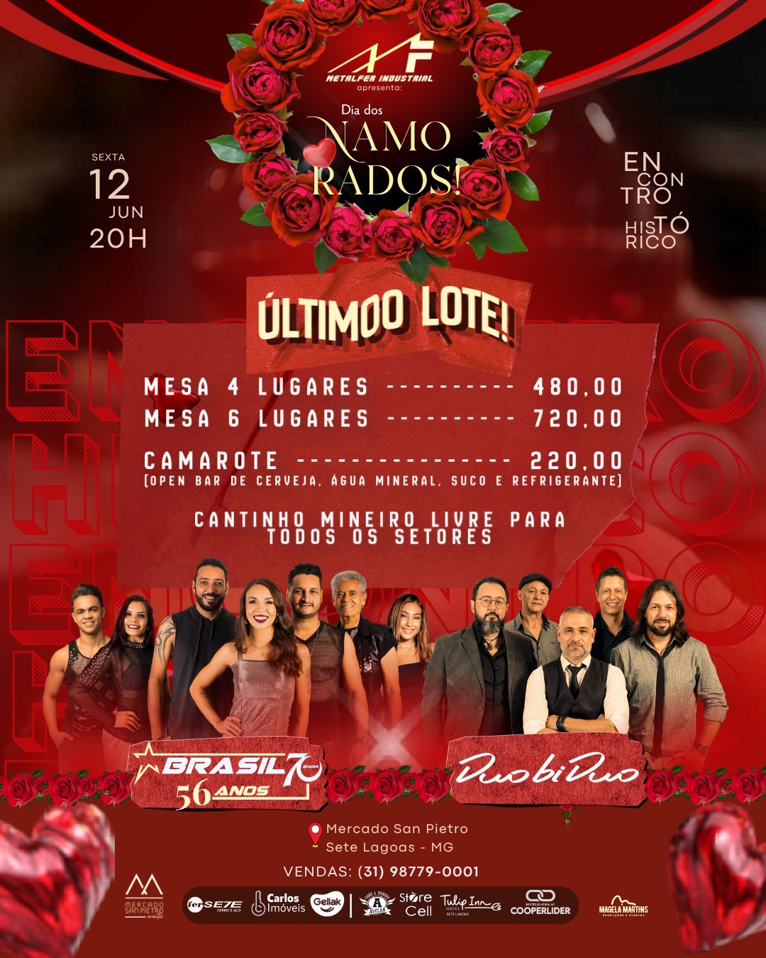 ÚLTIMAS MESAS: Brasil 70 e Duo Bi Duo animam Noite dos Namorados no Mercado San Pietro em Sete Lagoas
