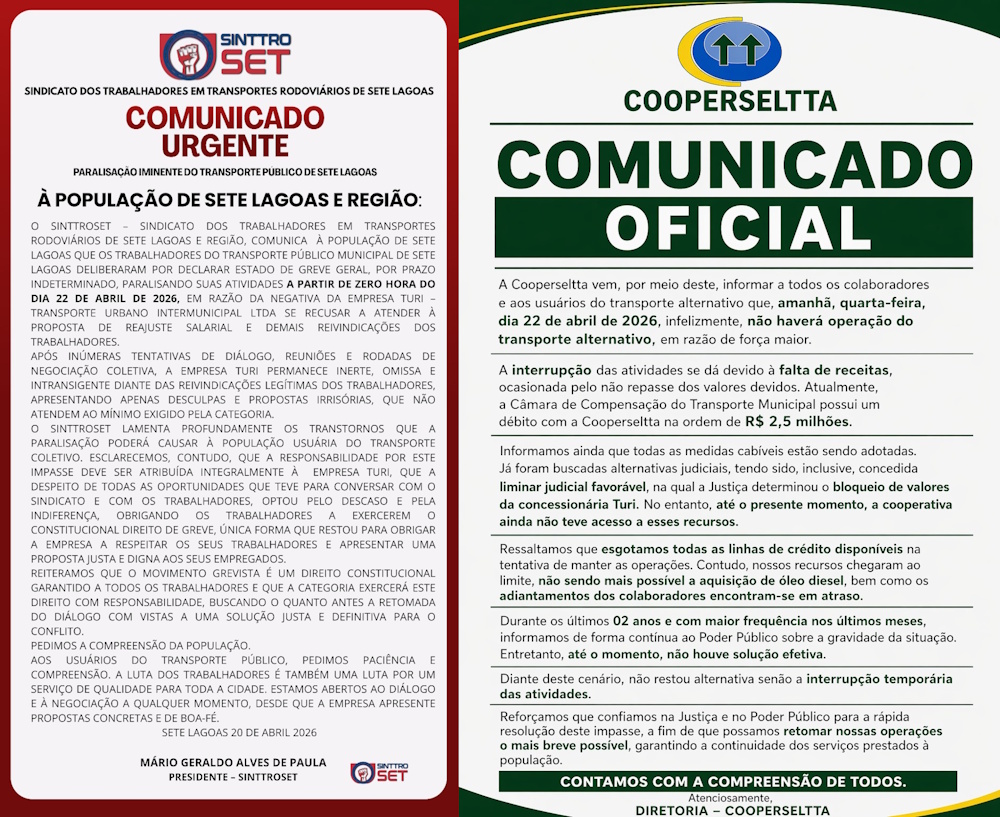 CAOS NO TRANSPORTE PÚBLICO: Sindicato e Cooperseltta confirmam paralisação em Sete Lagoas